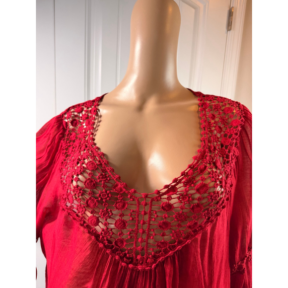 Women's Grand & Greene Red Crochet Lace V-Neck Tunic Top Plus Size 1X Boho Gypsy - Picture 3 of 14
